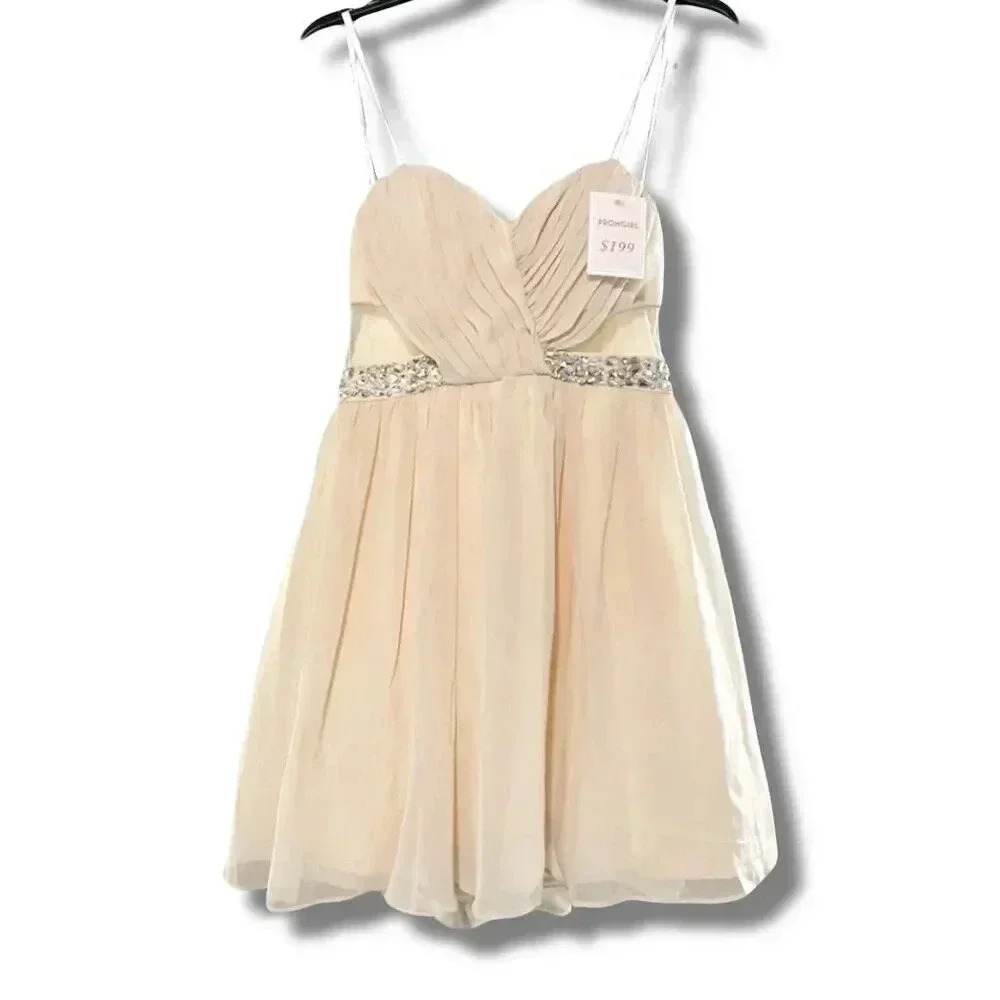 MASQUERADE Beige Strapless Mini Prom Dress Beaded Waistband Sweetheart Size 3/4 - Picture 9 of 12